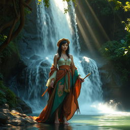 A mystical and elegant artist standing under a serene waterfall, surrounded by lush greenery