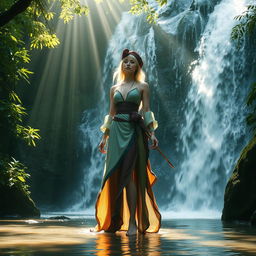 A mystical and elegant artist standing under a serene waterfall, surrounded by lush greenery