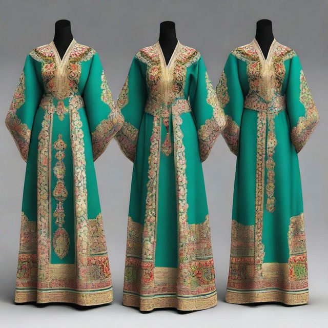 Create a detailed image of a traditional Turkish Kaftan, showcasing the artistry of historical clothing and traditional garments