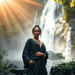 An elegant and mystical artist standing confidently in front of a serene waterfall