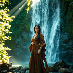 An elegant and mystical artist standing confidently in front of a serene waterfall