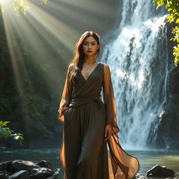 An elegant and mystical artist standing confidently in front of a serene waterfall