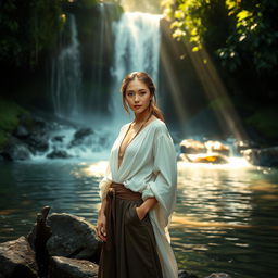 An elegant and mystical artist standing confidently in front of a serene waterfall