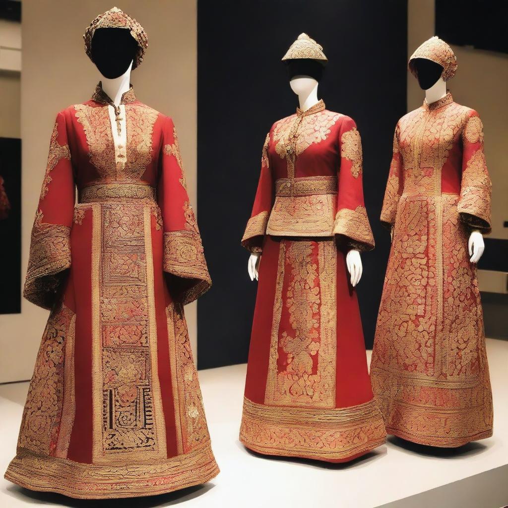 An opulent fashion showcase of historical clothing and traditional garments, highlighting the artistry of skilled hands from different cultures