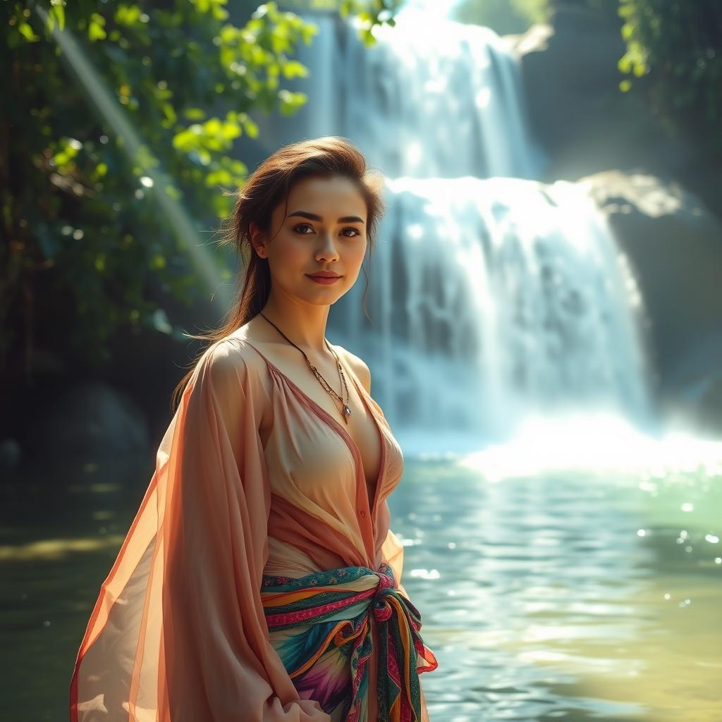 A mystical, elegant, and stylish artist standing in front of a serene waterfall, surrounded by lush greenery