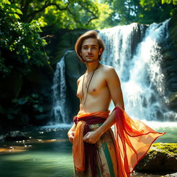 A mystical, elegant, and stylish artist standing in front of a serene waterfall, surrounded by lush greenery