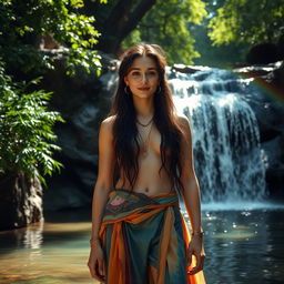 A mystical, elegant, and stylish artist standing in front of a serene waterfall, surrounded by lush greenery