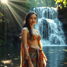 A mystical, elegant, and stylish artist standing in front of a serene waterfall, surrounded by lush greenery