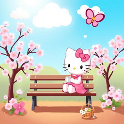 A cute and whimsical depiction of a Hello Kitty character in a charming, pastel-colored environment