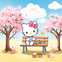 A cute and whimsical depiction of a Hello Kitty character in a charming, pastel-colored environment