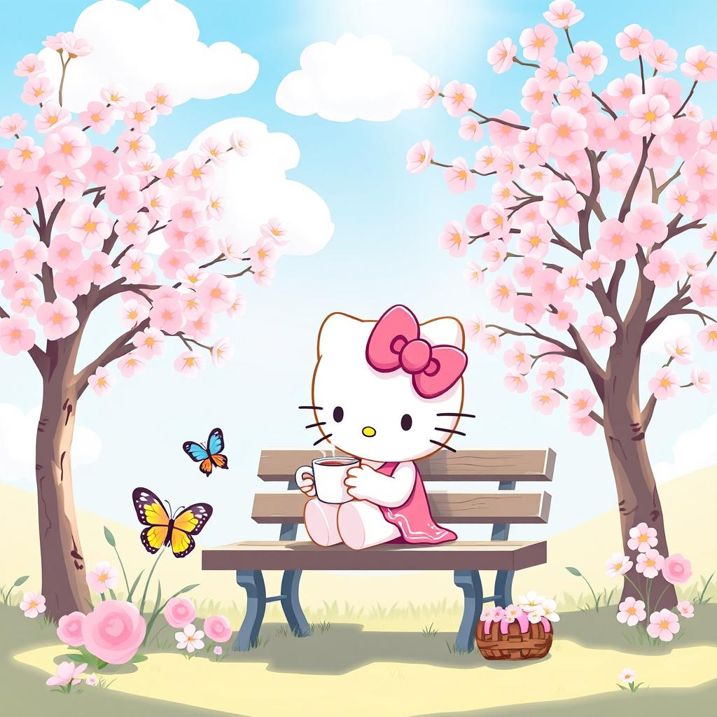 A cute and whimsical depiction of a Hello Kitty character in a charming, pastel-colored environment