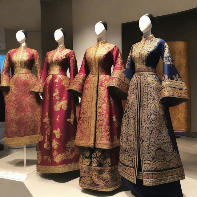 An opulent fashion showcase of historical clothing and traditional garments, highlighting the artistry of skilled hands from different cultures