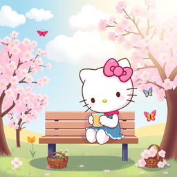 A cute and whimsical depiction of a Hello Kitty character in a charming, pastel-colored environment