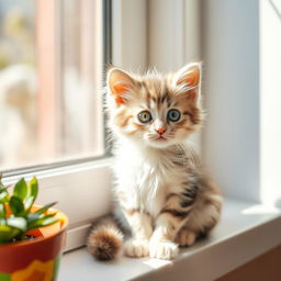 A cute, fluffy kitty sitting in a sunny spot on a windowsill, with its big, bright green eyes looking curiously at the outside world