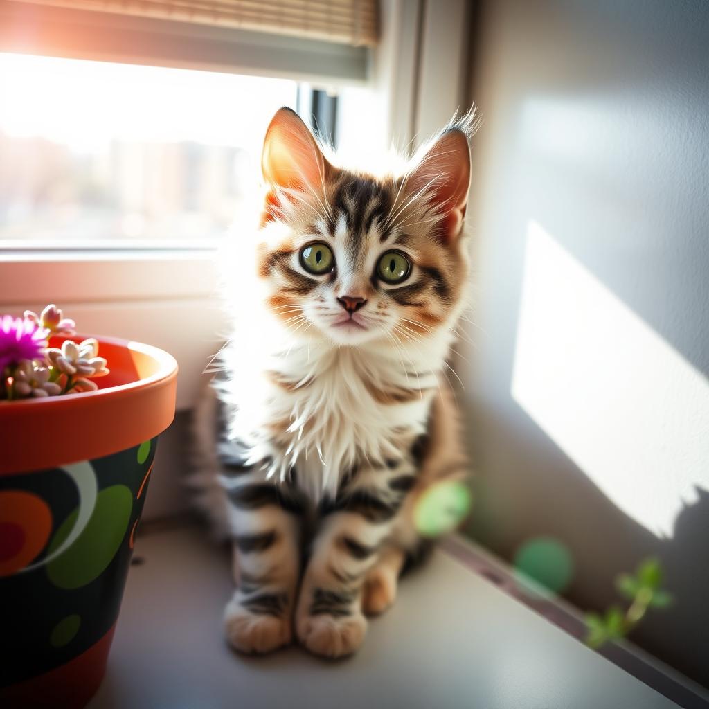 A cute, fluffy kitty sitting in a sunny spot on a windowsill, with its big, bright green eyes looking curiously at the outside world