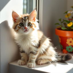 A cute, fluffy kitty sitting in a sunny spot on a windowsill, with its big, bright green eyes looking curiously at the outside world