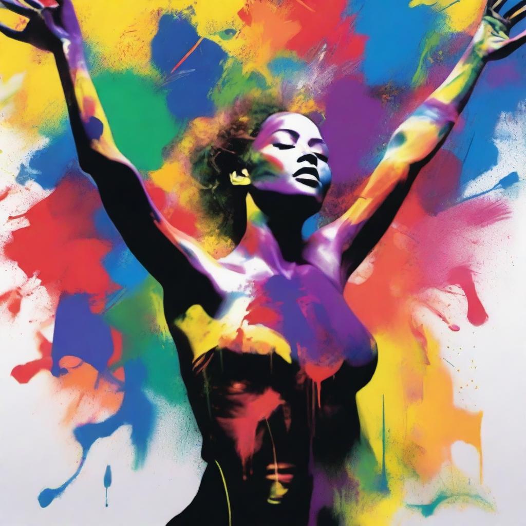 Create a dynamic image of a woman passionately dancing, with vibrant, multicolored splashes of paint coming from different directions, capturing her movement and the rhythm of the dance