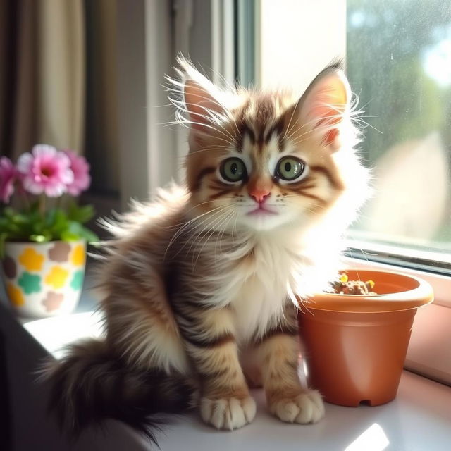 A cute, fluffy kitty sitting in a sunny spot on a windowsill, with its big, bright green eyes looking curiously at the outside world