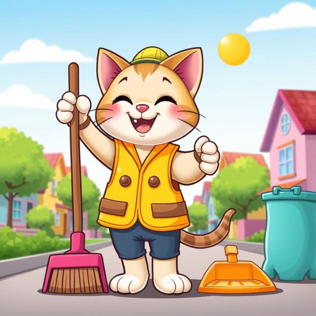 A playful and charming cartoon scene featuring a kitty dressed as a street cleaner, wearing a bright yellow safety vest and a small cap