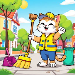 A playful and charming cartoon scene featuring a kitty dressed as a street cleaner, wearing a bright yellow safety vest and a small cap