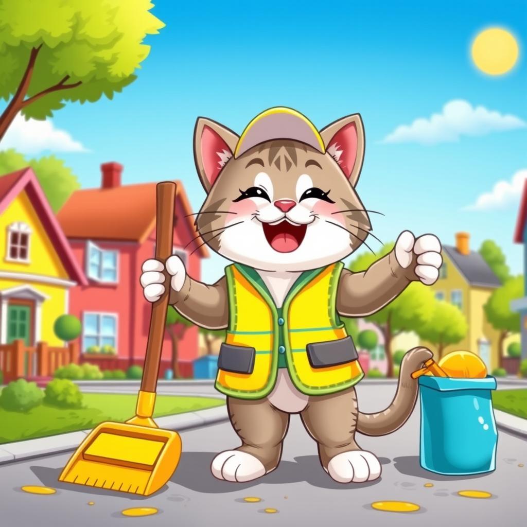 A playful and charming cartoon scene featuring a kitty dressed as a street cleaner, wearing a bright yellow safety vest and a small cap