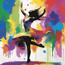 Create a dynamic image of a woman passionately dancing, with vibrant, multicolored splashes of paint coming from different directions, capturing her movement and the rhythm of the dance