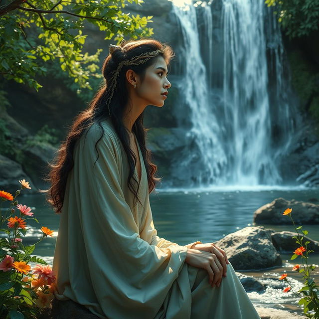 A mystical and elegant artist with a stylish appearance, deep in contemplation by a serene waterfall