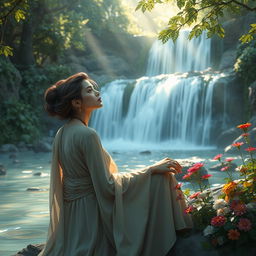 A mystical and elegant artist with a stylish appearance, deep in contemplation by a serene waterfall