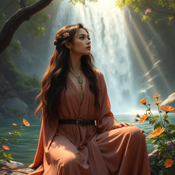A mystical and elegant artist with a stylish appearance, deep in contemplation by a serene waterfall