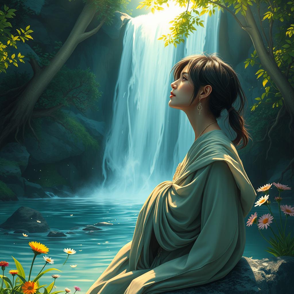 A mystical and elegant artist with a stylish appearance, deep in contemplation by a serene waterfall