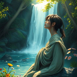 A mystical and elegant artist with a stylish appearance, deep in contemplation by a serene waterfall