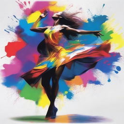 Create a dynamic image of a woman passionately dancing, with vibrant, multicolored splashes of paint coming from different directions, capturing her movement and the rhythm of the dance