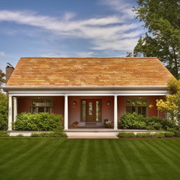 Exterior of a single floor house featuring a charming front yard, a cosy porch, earthy red brick walls, and a gabled roof with dormer windows.