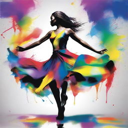 Create a dynamic image of a woman passionately dancing, with vibrant, multicolored splashes of paint coming from different directions, capturing her movement and the rhythm of the dance