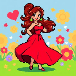 A curvy character named Rubia depicted in pixel art style, wearing a vibrant red dress that flows around her figure