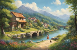 A Studio Ghibli-inspired oil painting featuring a lush landscape with a river, stone bridge, rustic village, and a young girl holding a basket of wildflowers