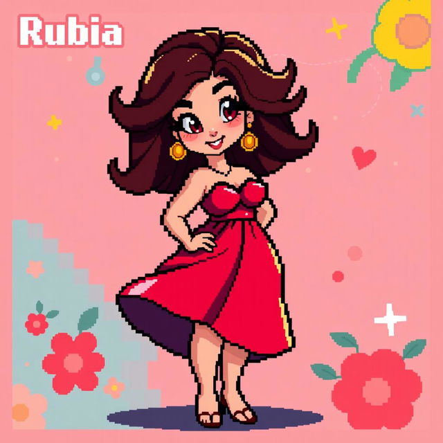 A curvy character named Rubia depicted in pixel art style, wearing a vibrant red dress that flows around her figure