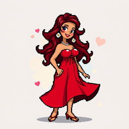 A curvy character named Rubia depicted in pixel art style, wearing a vibrant red dress that flows around her figure