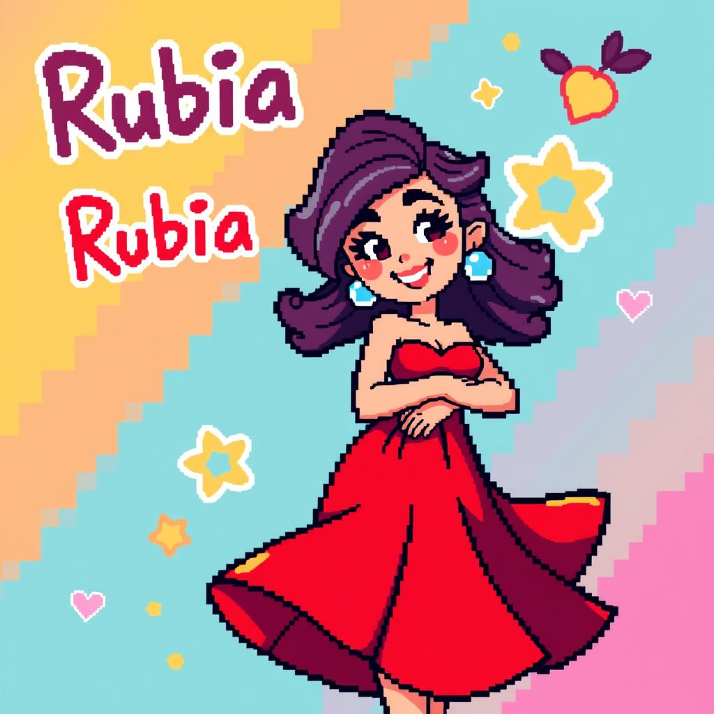 A curvy character named Rubia depicted in pixel art style, wearing a vibrant red dress that flows around her figure