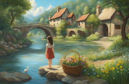 A Studio Ghibli-inspired oil painting featuring a lush landscape with a river, stone bridge, rustic village, and a young girl holding a basket of wildflowers