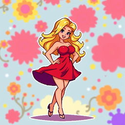 A curvy character named Rubia with blonde hair depicted in vibrant pixel art style, wearing a flowing red dress that accentuates her figure