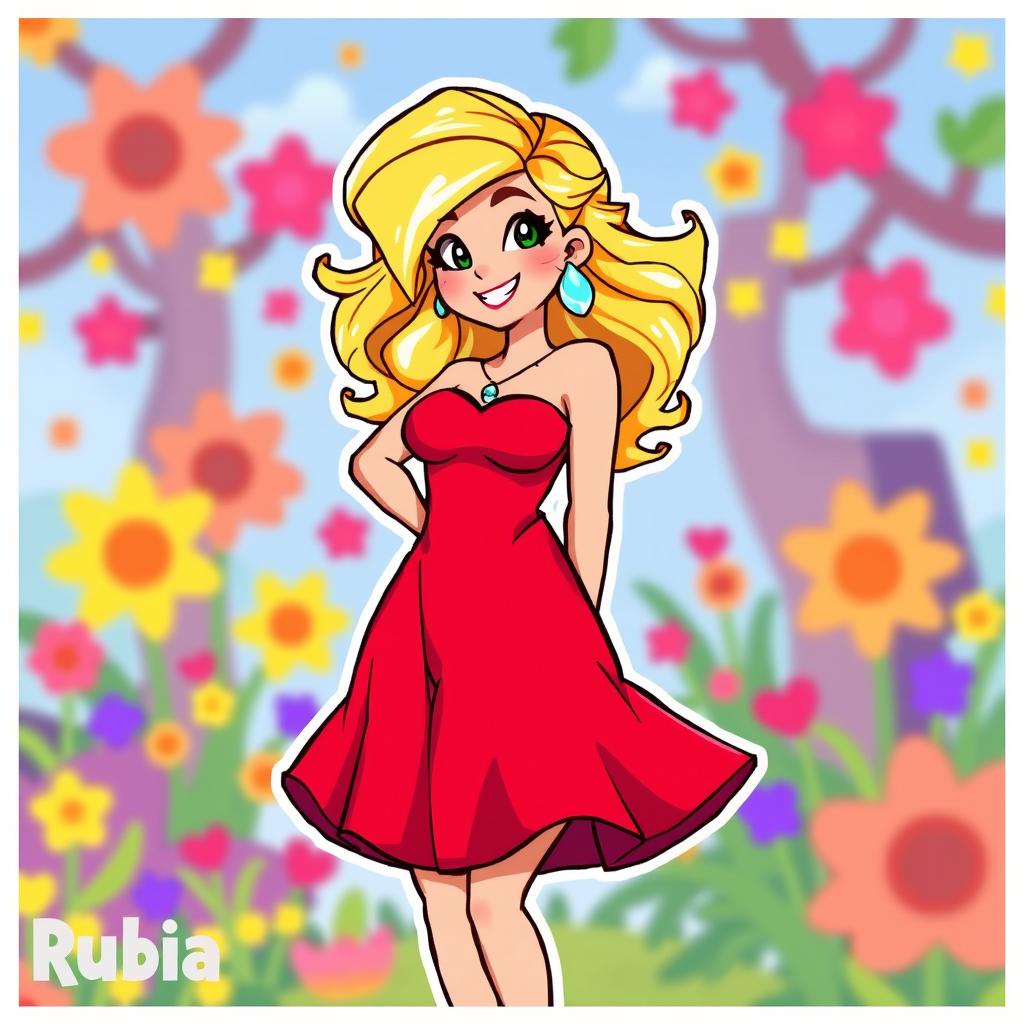 A curvy character named Rubia with blonde hair depicted in vibrant pixel art style, wearing a flowing red dress that accentuates her figure