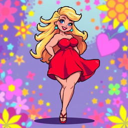 A curvy character named Rubia with blonde hair depicted in vibrant pixel art style, wearing a flowing red dress that accentuates her figure