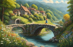 A Studio Ghibli-inspired oil painting featuring a lush landscape with a river, stone bridge, rustic village, and a young girl holding a basket of wildflowers