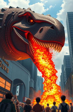 A gigantic dinosaur head-shaped craft hovering over a city, breathing fire down onto the streets below