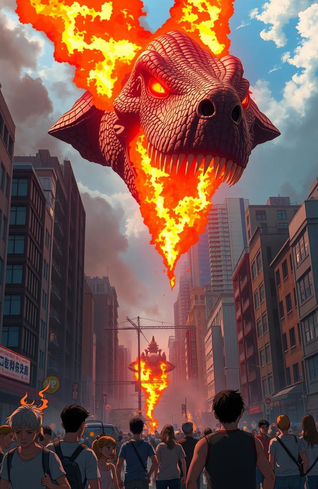 A gigantic dinosaur head-shaped craft hovering over a city, breathing fire down onto the streets below