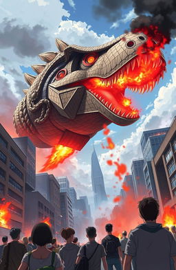 A gigantic dinosaur head-shaped craft hovering over a city, breathing fire down onto the streets below