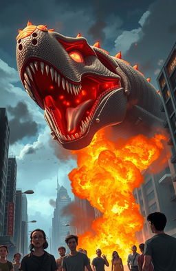 A gigantic dinosaur head-shaped craft hovering over a city, breathing fire down onto the streets below