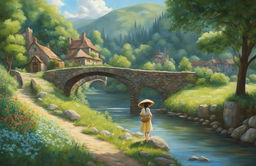 A Studio Ghibli-inspired oil painting featuring a lush landscape with a river, stone bridge, rustic village, and a young girl holding a basket of wildflowers