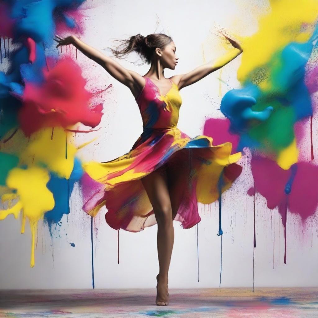 Translate this expressive performance into a dynamic image; a professional dancer in mid-motion, with splashes of vibrant paint interacting with her movements